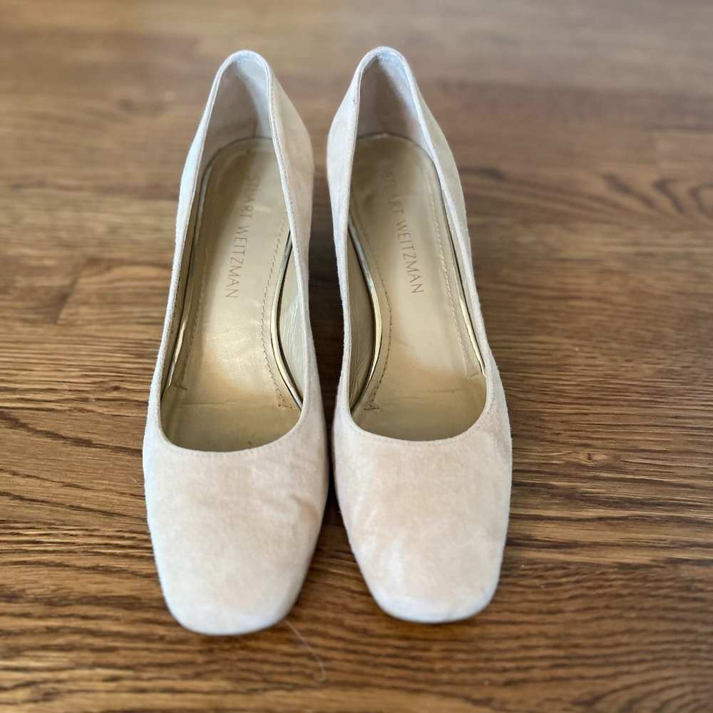 Stuart Weitzman nude suede block heel pump